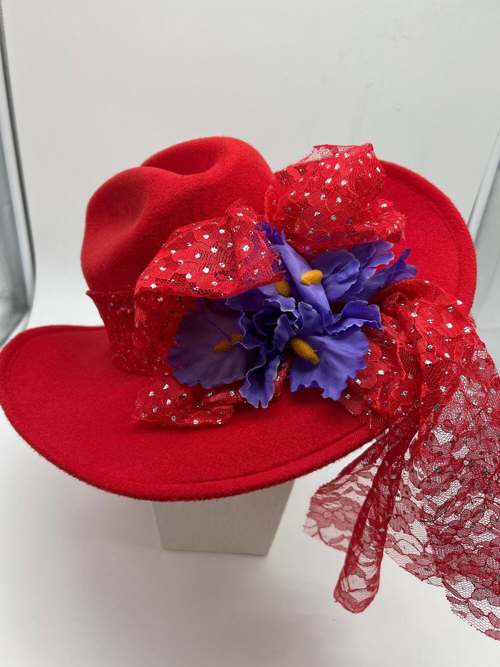 Mexican Cowboy Western Hat Red Felt Purple Flower Lace Trim Rodeo Southwestern
